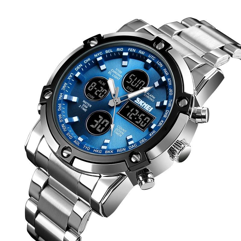 Skmei Military Sports Watches for Mens Analog Digital Display LED Waterproof Chronograph Three Time Zones Quartz Calendar Watch