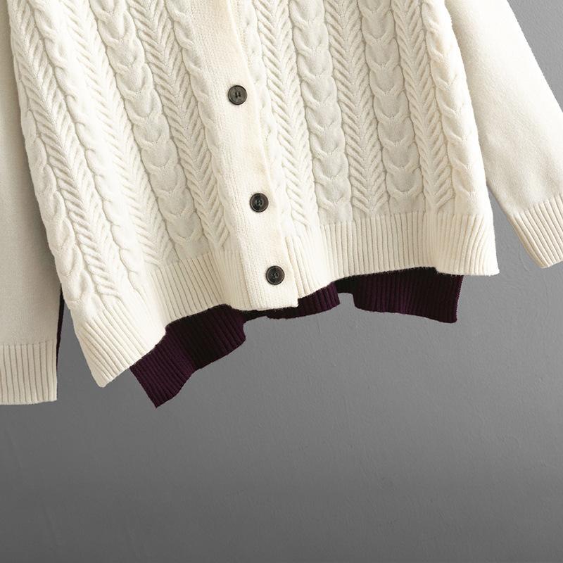 Autumn Winter Vintage Loose Long Sleeve Top Block Color Cardigan Pullover Knitwear Twists V-neck Sweater