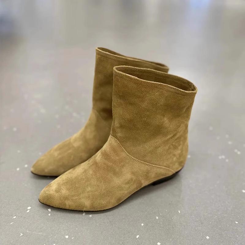 Leather Retro Oblique Mouth Wide Tube Short Tube Flat Bottom Pointed Head Western Cowboy Boots Small Naked Boots Thin Boots Short Boots Womens