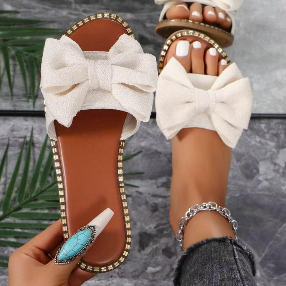 

Большие размеры женские сандалии со стразами на плоской подошве с бантом - легкий верх из ткани, однотонная повседневная летняя обувь для активного отдыха 43