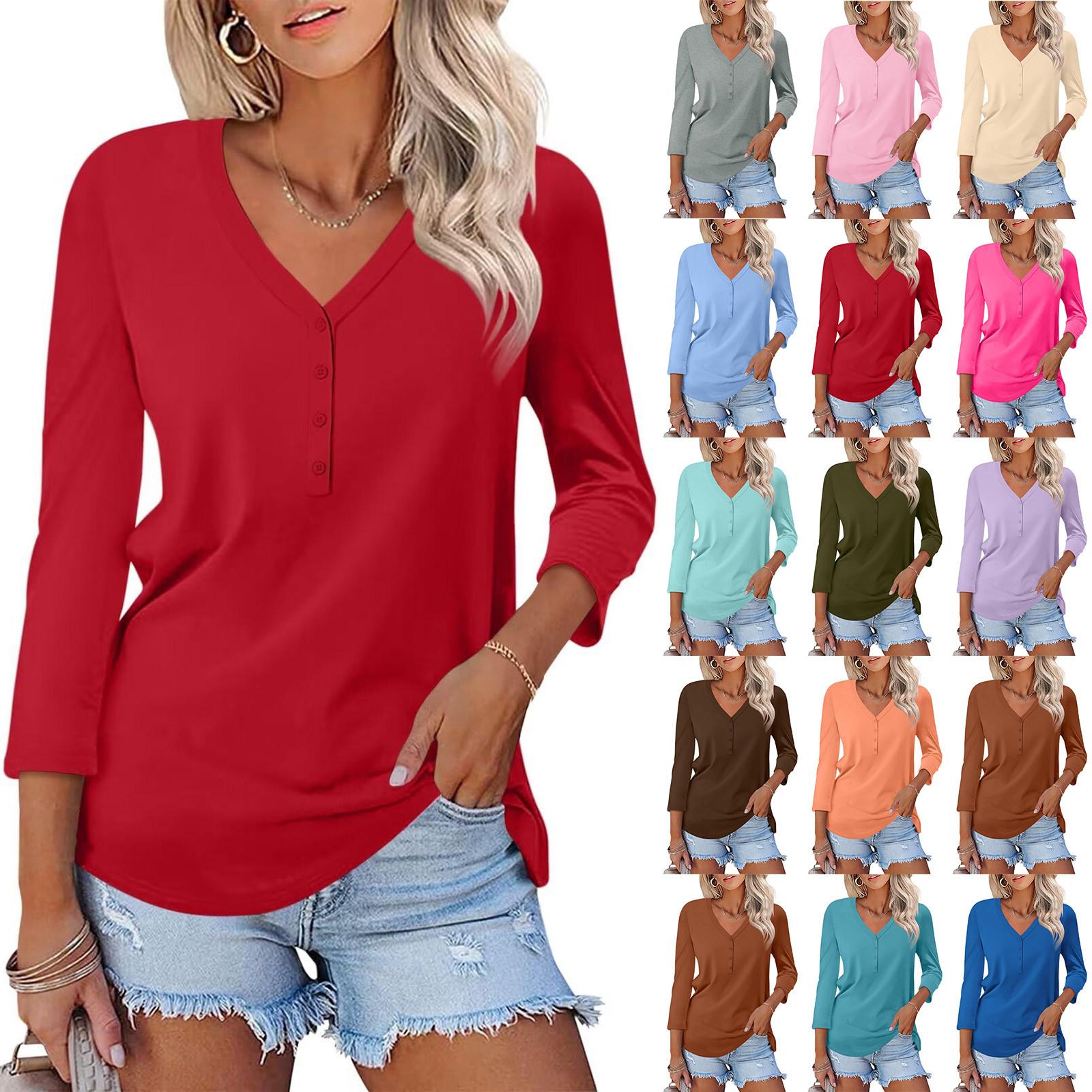 

Женская модная повседневная однотонная футболка с v-образным вырезом и рукавами 3/4, топ