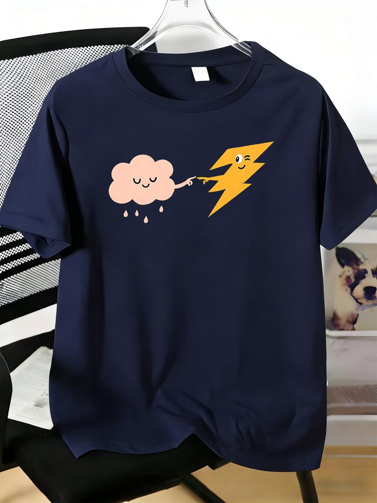 Unisexs Tee Lovely Cloud And Lightning Character Print Cotton Short Sleeve Male Casual Streetwear Outdoor Daily Basic Fashion Top