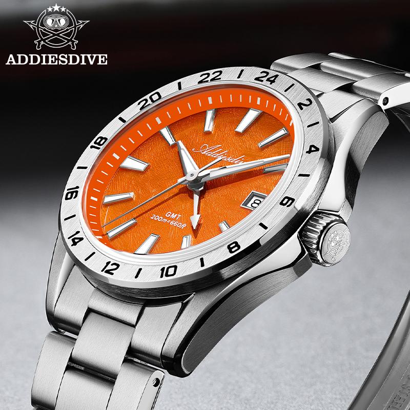 ADDIESDIVE Luxury GMT Quartz Watch Swiss Ronda 515-24H Dial 38mm Stainless Steel 200M Water Resistant Sapphire Glass Wristwatch