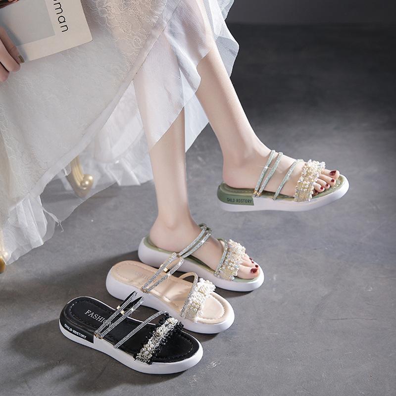 Flat-bottomed rhinestone two-wear sandals for women's new summer one-word sandals with sandals, and thick-soled wedge heels for women's shoes.