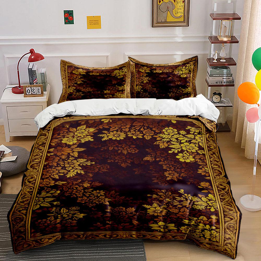 Golden Floral Pattern Frame. Bedding Sets Duvet Cover Sets Duvet Covers Pillowcases(1 * Duvet Cover 2 * Pillowcases Without Duvet Insert)