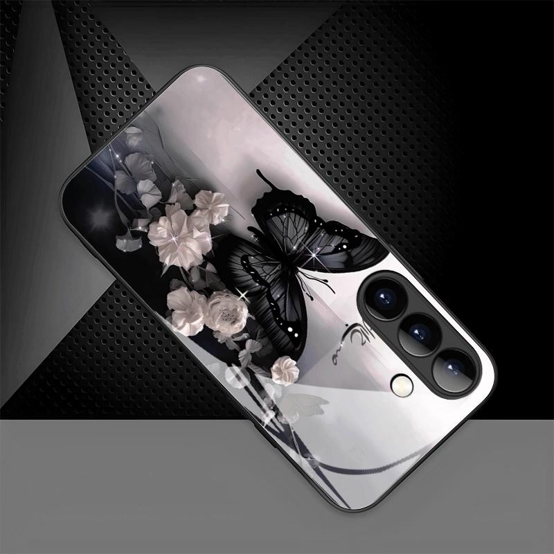Custodia in vetro per telefono con motivo a farfalla nera adatta per Samsung Galaxy S26 S25 S24 S23 S22 S21 S20 FE/Ultra/Plus