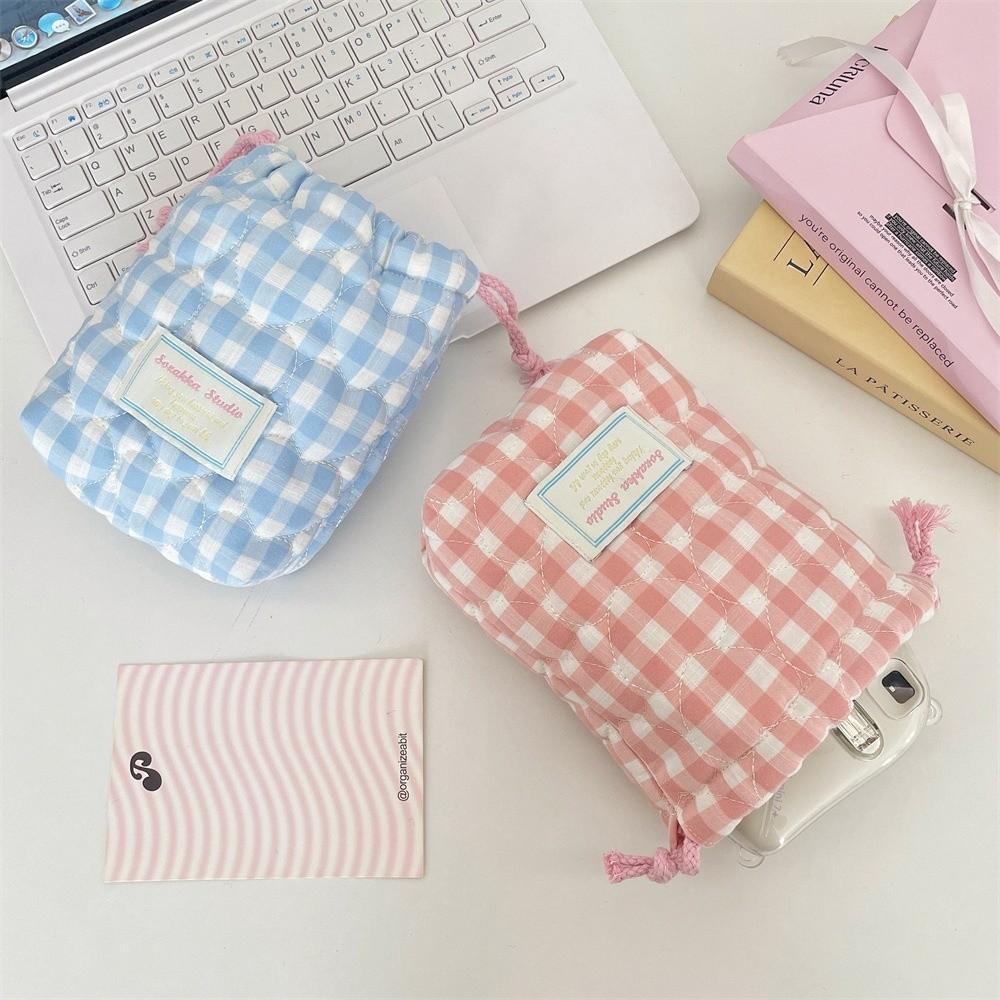 Plaid Drawstring Wallet Anti-fall Makeup Lipstick Storage Bag Camera Storage Bag  for Travel