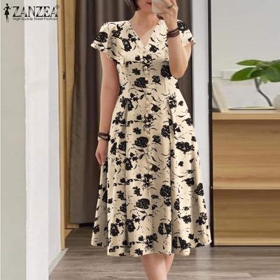 Vestido feminino casual com decote em V e manga curta, estampa floral de verão