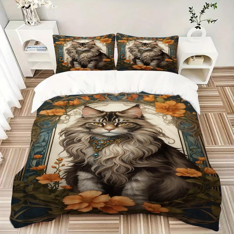 3Pcs Maine Coon Cat Portrait Bedding Set Soft Fabric Duvet Cover Pillowcases Home Christmas Xmas Halloween Gift 1 Duvet Cover 2 Pillowcase G1242
