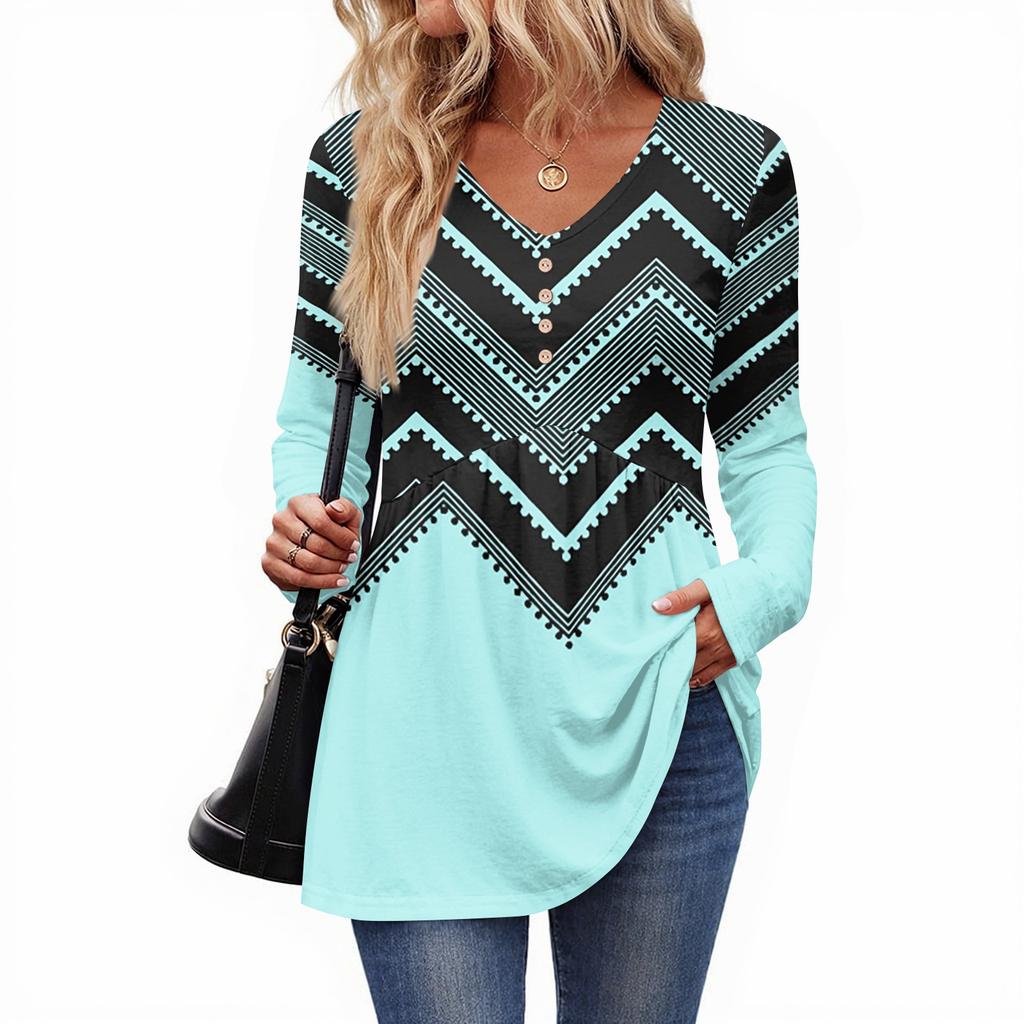 Women's Casual Fashion V-Neck Button Retro Floral Print Long Sleeve Top