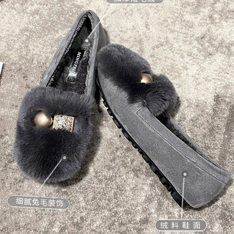 

Роскошные женские туфли на плоской подошве из кроличьего меха с металлическим шариком, плюшевые мокасины с металлическим шариком, зимняя хлопковая обувь, женские мокасины из флиса, большие размеры 40-43 5 серый