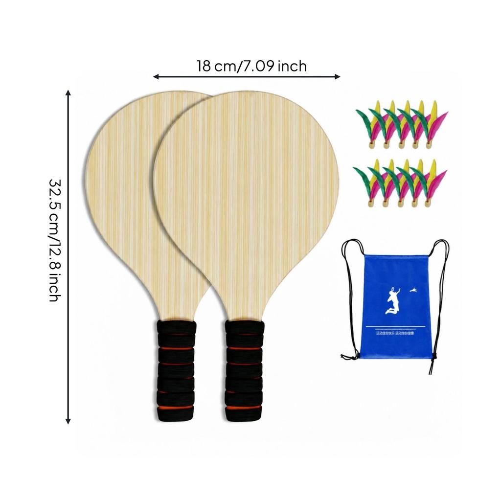2 Pieces Wooden Paddle Set Indoor Outdoor Activity Shuttlecock Solid Wood Badminton Kit