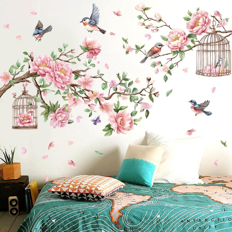 Creative Tree Branch, Bird, And Peach Blossom Wall Stickers For Living Room And Bedroom Decoration