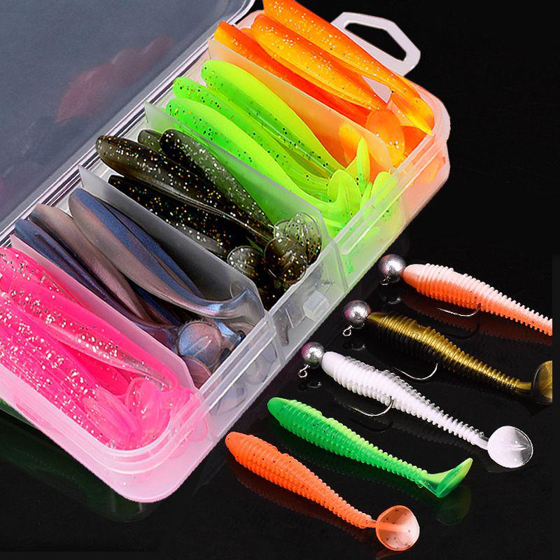 T-Tail Soft Bait Freshwater Fishing Lure Set with Lead Head Hooks for Long-Distance Casting, Bass Fishing, and Micro-Object Tactics.