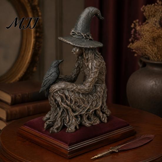 Crow Witch Sculpture Halloween Tree Statue, Gothic Resin Figurine, Fantasy Art Collectibles Dark Enchanting Ornament, Holiday Party Supplies