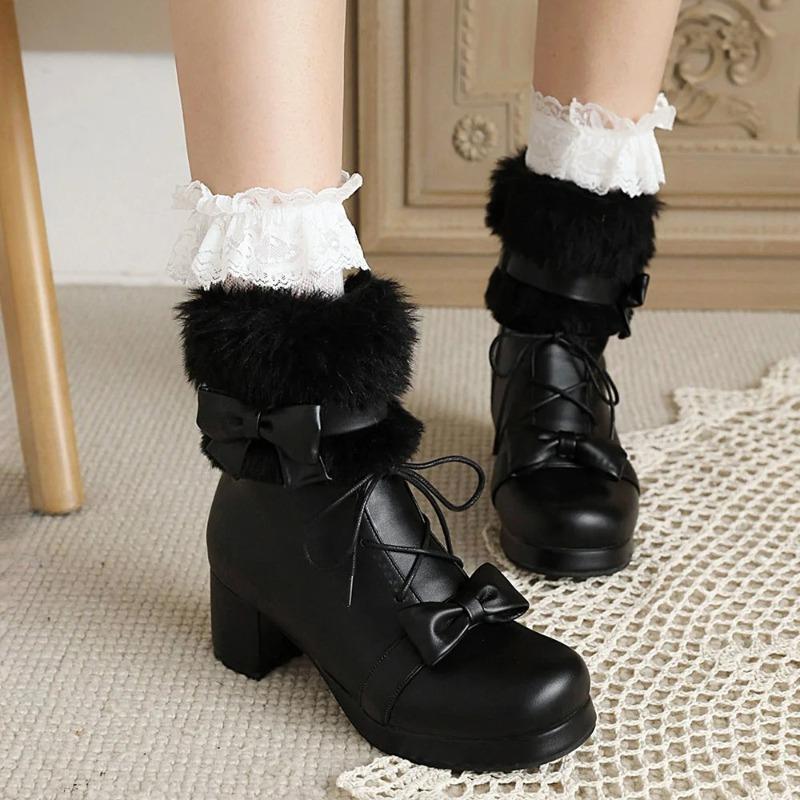 

Модные женские ботильоны с бантом, милые каваийные ботильоны на платформе с толстым каблуком и круглым носком, для косплея, удобная готическая обувь, большой размер 44 34 чёрный