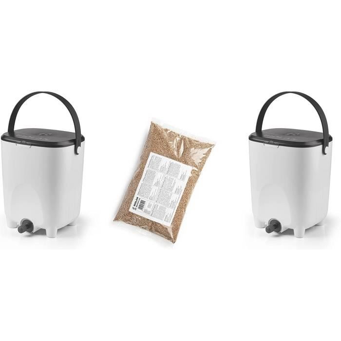 Biolan Bokashi Kit De Composteur De Cuisine 2 X 10 L Avec Activateur De Fermentation EM 1 Kg Blanc