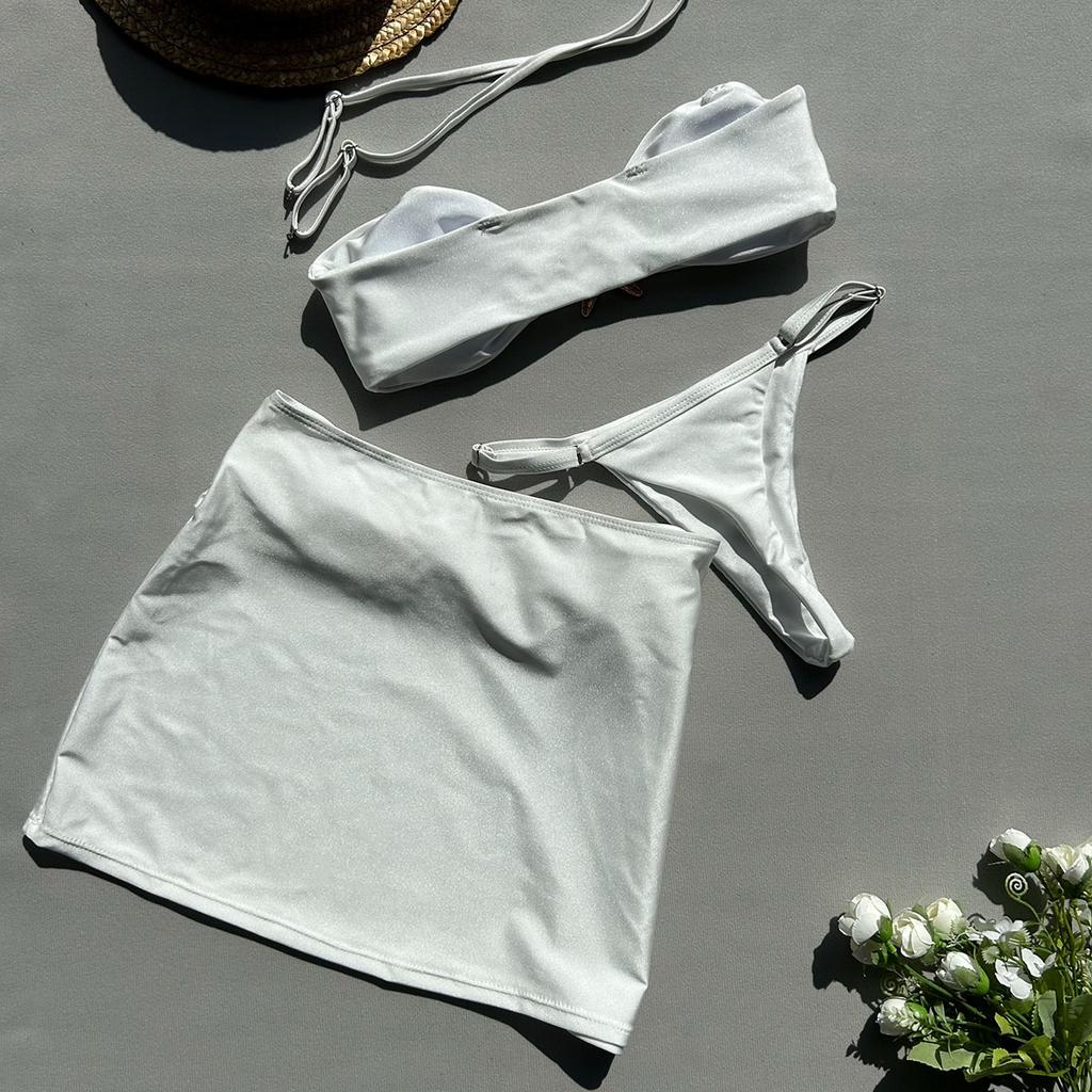 3-teiliges Bikini-Set, Bandeau-Bikini, sexy Damen-Badeanzug, glänzender Rock, weibliche Bademode, Seestern-Badeanzug, Strandbekleidung, Überzüge