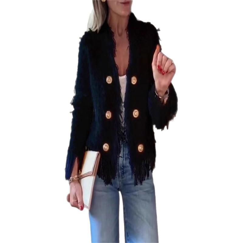 2026 Womens Elegant Tweed-Style Fringe Blazer Jacket Slim Fit Short Coat In Solid Colors