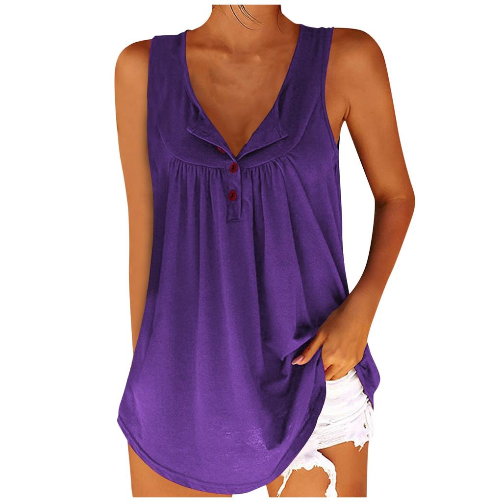 Women's Fashion Casual Loose Pleated Button Sleeveless Vest Tank Top
