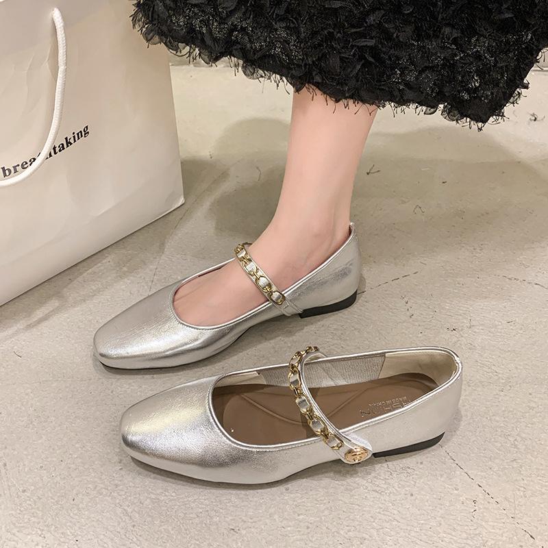 French retro chain Mary Jane shoes women's 2025 spring new temperament shallow mouth square head word with flat sole shoes