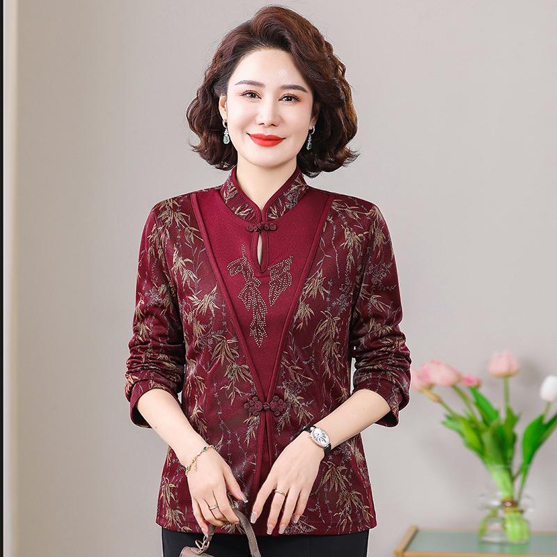 Spring Outfit: New Chinese Style Long Sleeve T-Shirt for Middle-Aged and Elderly Women, Plus Size Available