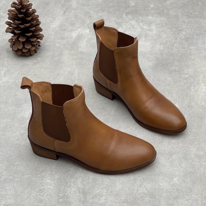 Johnature Handmade Genuine Leather Short Boots Retro Cowhide Versatile Pointed Toe Thick Heel Women's Boots