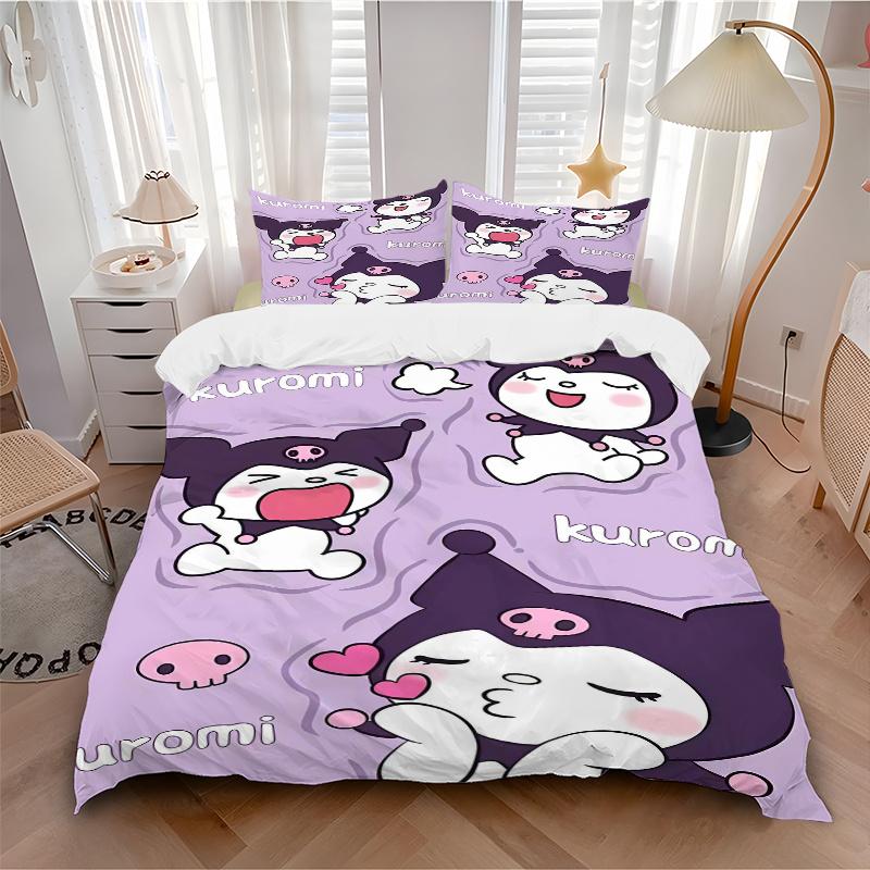 3pcs Kuromi's Playful Adventures Pattern Bedding Three-Piece Set (1 Cover + 2 Pillowcases, No Fillings), Soft and Comfortable S055