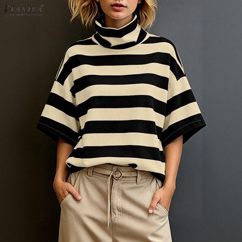 ZANZEA Women Turtleneck Loose Casual Half Sleeve Stripe Blouse