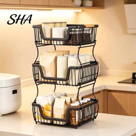Sturdy Desktop Organizer 2/3 Layer Countertop Rack, Heavy Duty Fruit Basket Stand, 3 Tier Space Saving Carbon Steel Storage Rack for Kitchen,