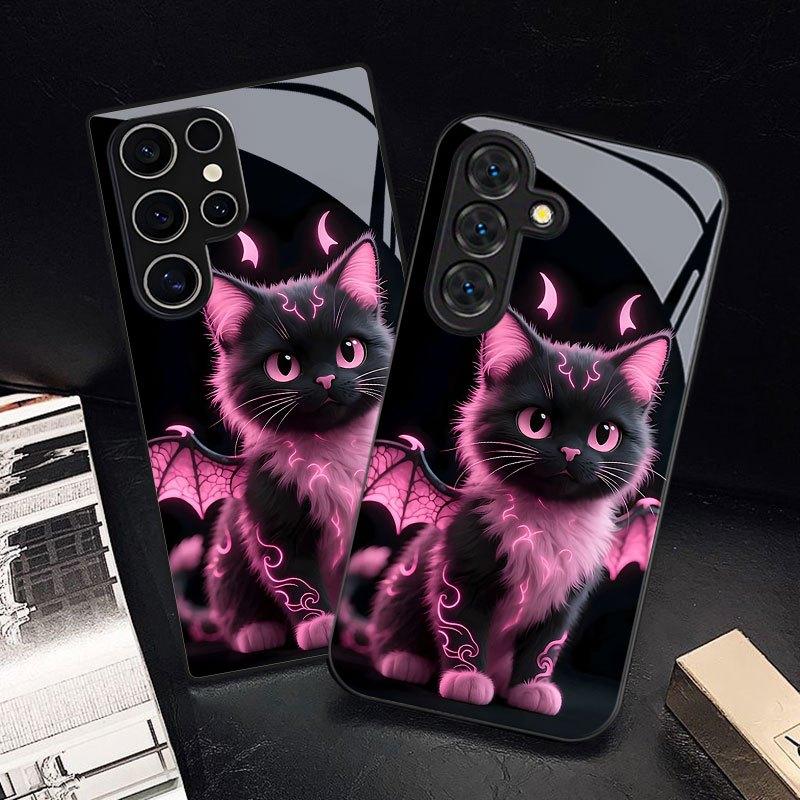 Cute Devil Cat Pattern Glass Phone Case Suitable for Samsung GalaxyS26 S25 S24 S22 S21 S20FE/Ultra/Plus Dustproof and Shockproof
