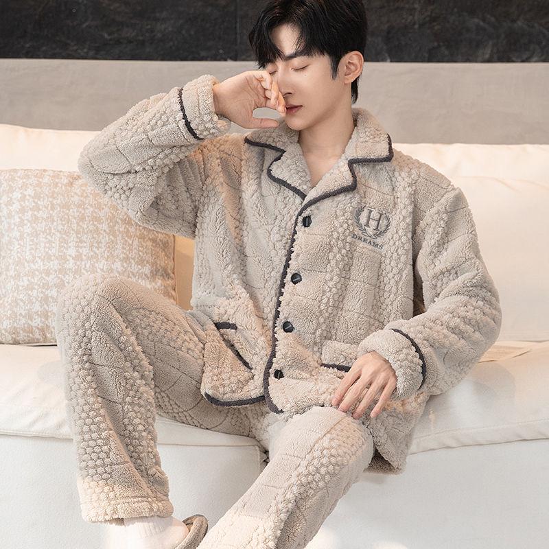 Men's Plus Size Flannel Fleece Home Wear Set - Thickened for Autumn and Winter