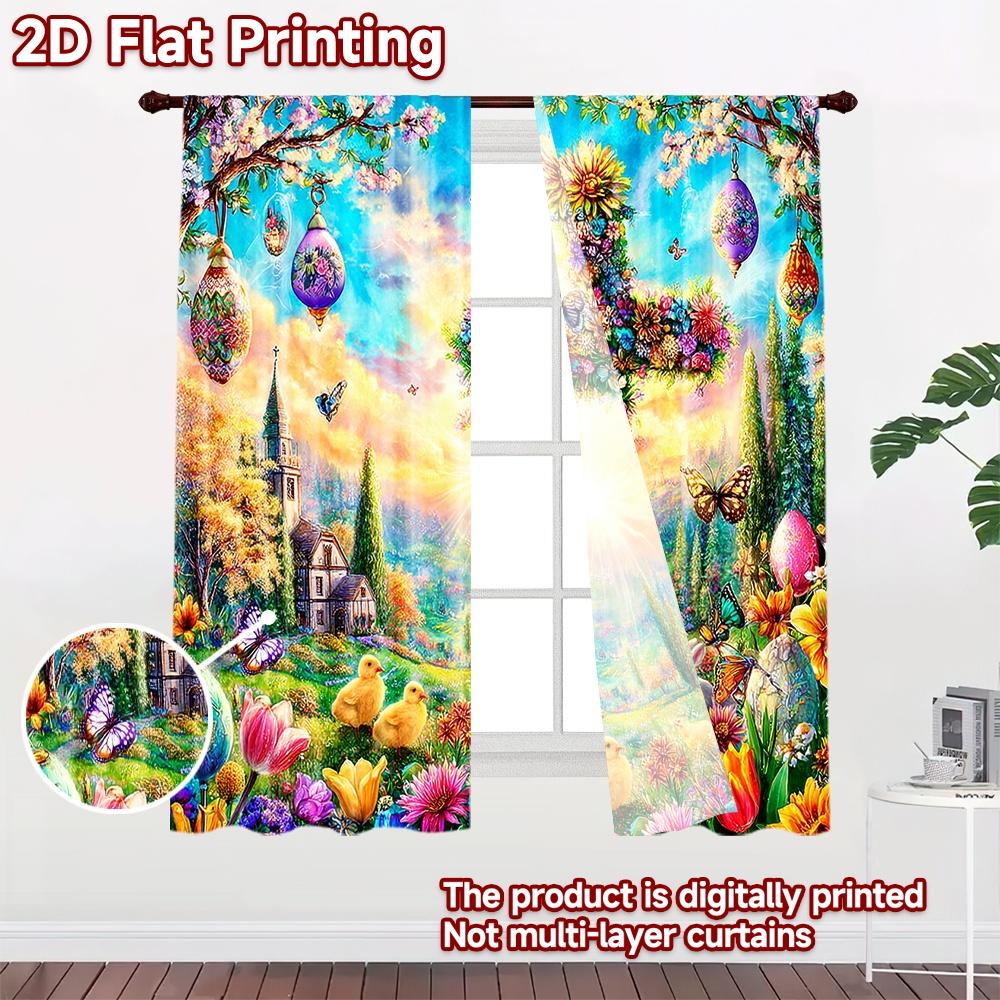 2D flat printing 2pcs Party Curtains Easter cross flowers butterflies Digital Printed Polyester Drapes Seasonal Party & Holiday
