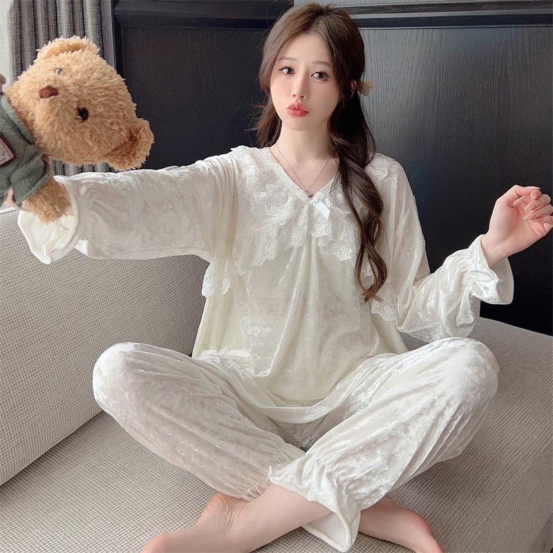Female Lace Princess Style Pajamas Autumn Winter Velvet Nightwear Warm Long Sleeved Velour Home Clothes Two-Piece Set Sleepwear