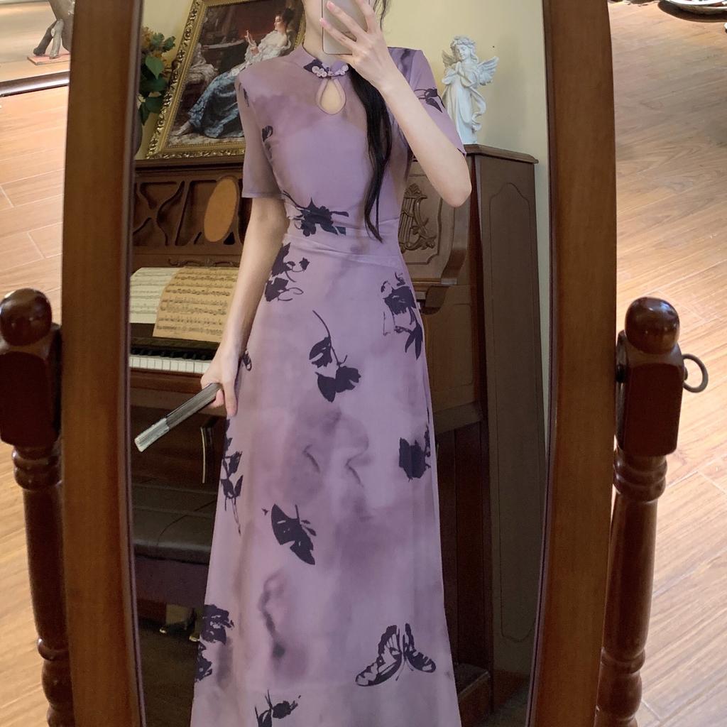 Summer large size new Chinese cheongsam printed dress, national style temperament design sense, niche and thin purple long skirt