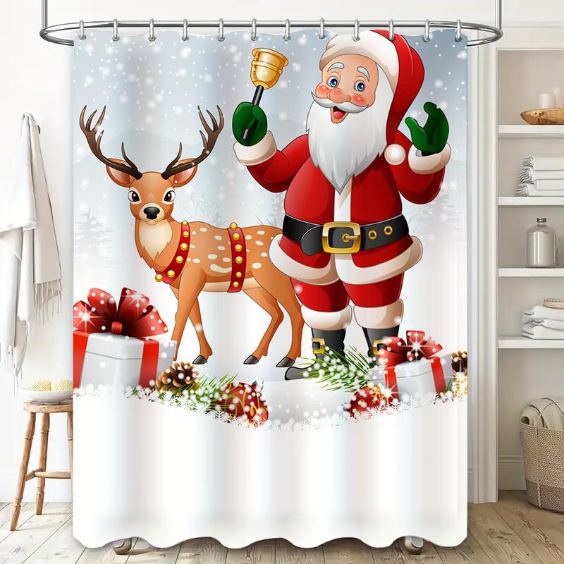 Tu Christmas Shower Curtain Santa Claus Reindeer Holiday Festive Bathroom Decor Xmas Pattern Waterproof Home Textile Gift