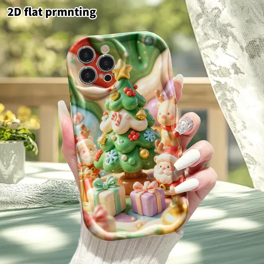 Phone Case: 2D Flat Design Suitable for iPhone 18 17 16 15 14 13 Pro Protective Case, Christmas Tree and Santa Claus, Perfect Holiday Gift for Christm