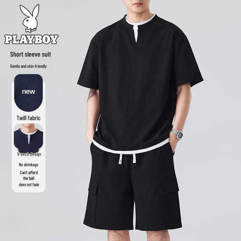 Playboy Men s V-Neck Faux Two-Piece Sportswear Set 3XL