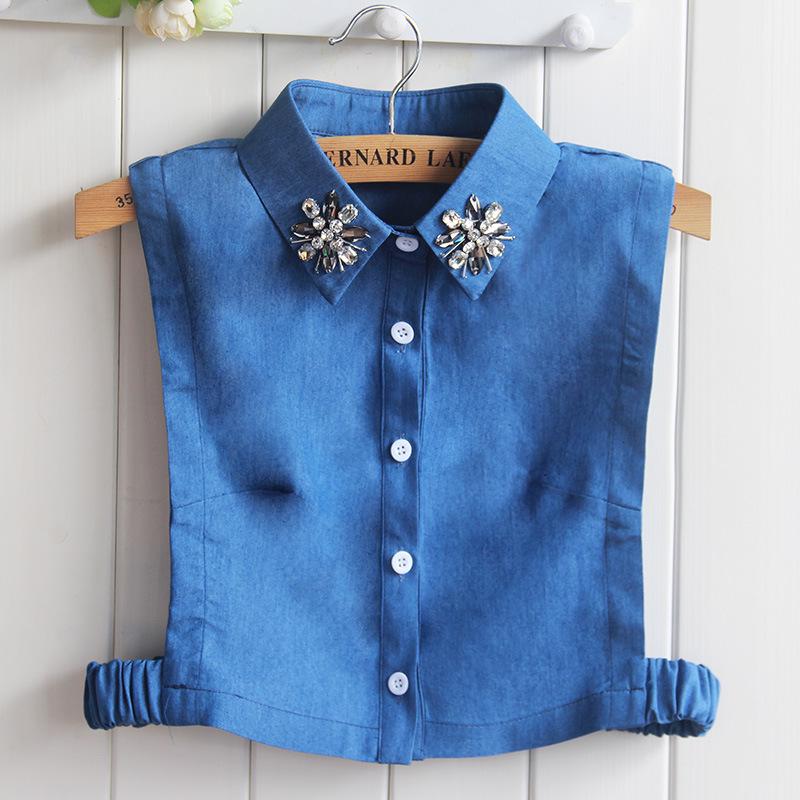 Korean Versatile Denim Shirt Collar with Rhinestone Decoration