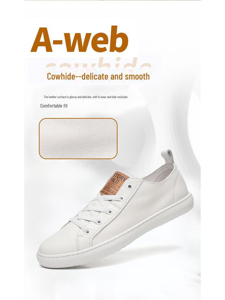 Men's Genuine Leather Low-Top White Sneakers - Breathable Casual Spring/Summer Shoes