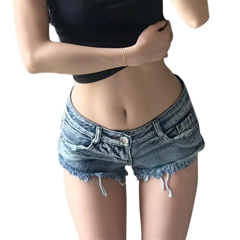 Shorts in Denim Tagliati a Vita Bassa Millennial Blue da Donna