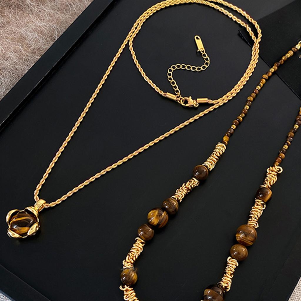 Tiger's eye stone beaded winding long necklace niche sweater chain retro style personalized versatile necklace jewelry