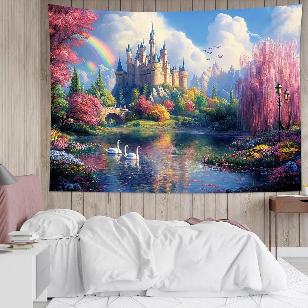 Fairy Tale Castle Wall Tapestry Pink Tree and Floral River Tapestry Wall Hanging Forest Mountain Nature Tapestries for Cla