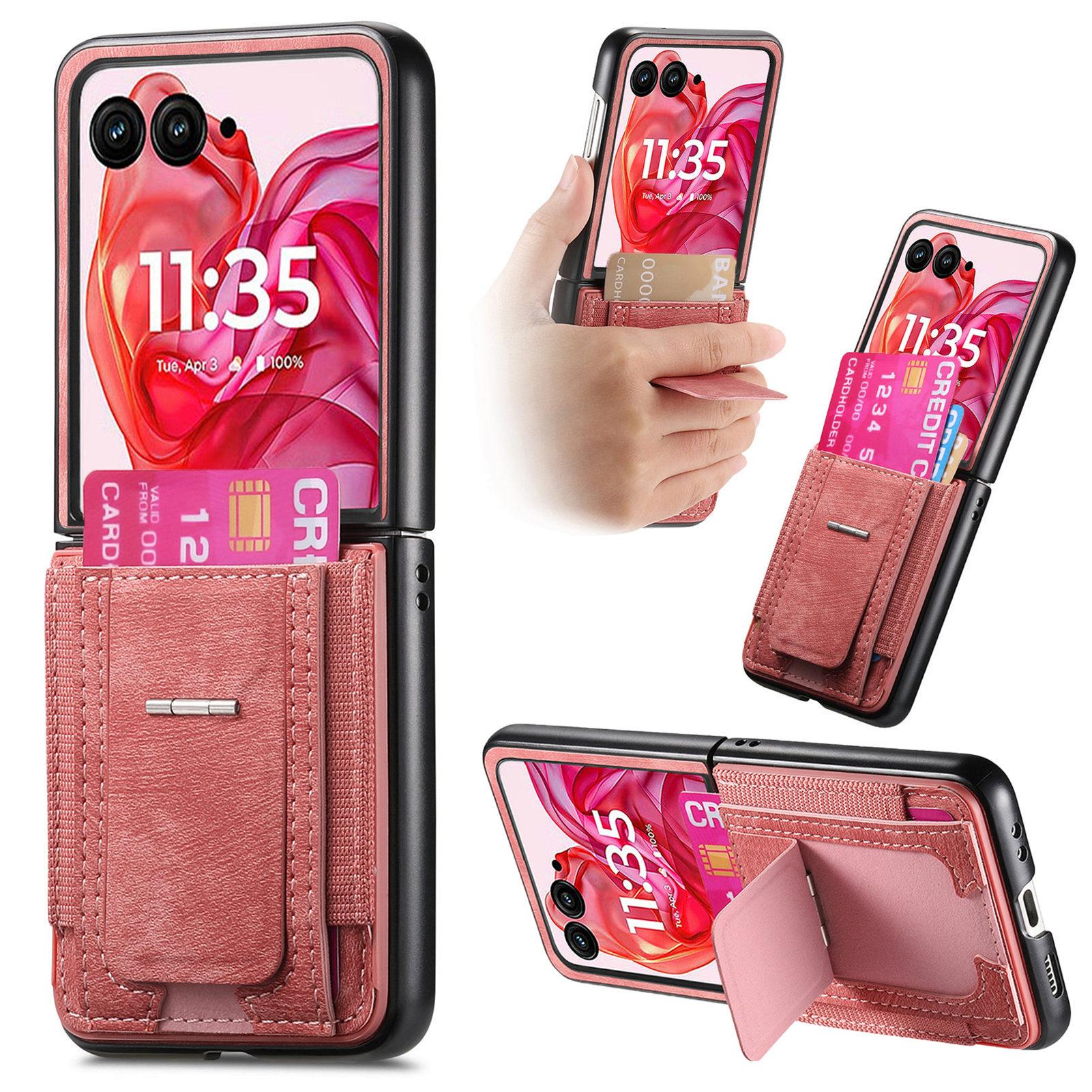 

For Motorola Razr 50 Ultra 5G Case Kickstand Retro Leather Back Cover with Card Holder Pink