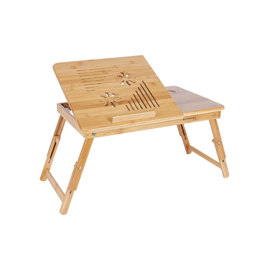 SONGMICS Bamboo Laptop Desk, Foldable Bed Table, Height Adjustable Sofa Tray, with 5 Tilting Angles, Air Holes, Small Drawer, 55 X 35 X (21 - 29) Cm