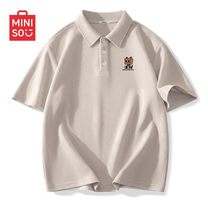 MINISO Men's Waffle Knit Short Sleeve Polo T-Shirt with Cartoon Print
