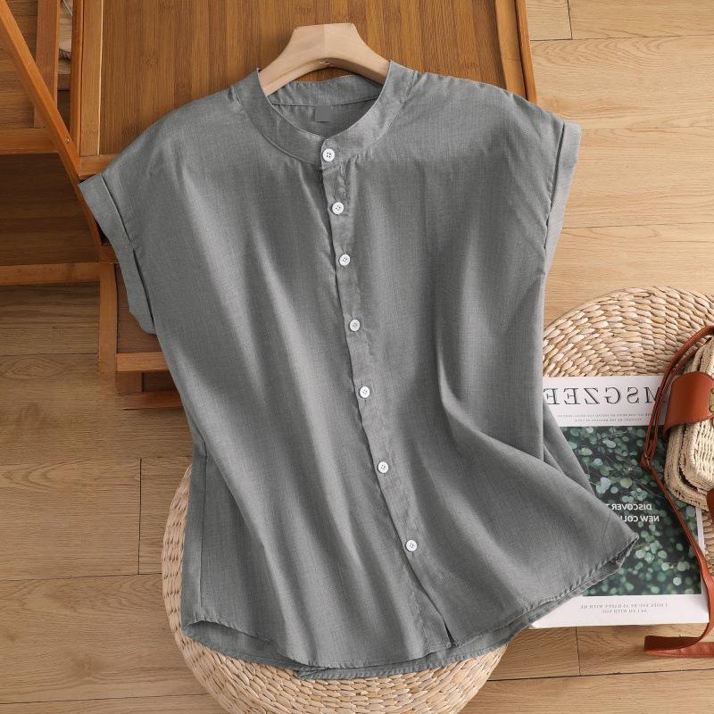 

Solid Color Japanese Standing Collar Blouses Women s Office Summer Fashion Loose and Comfortable Casual Sleeveless Top XXL серый