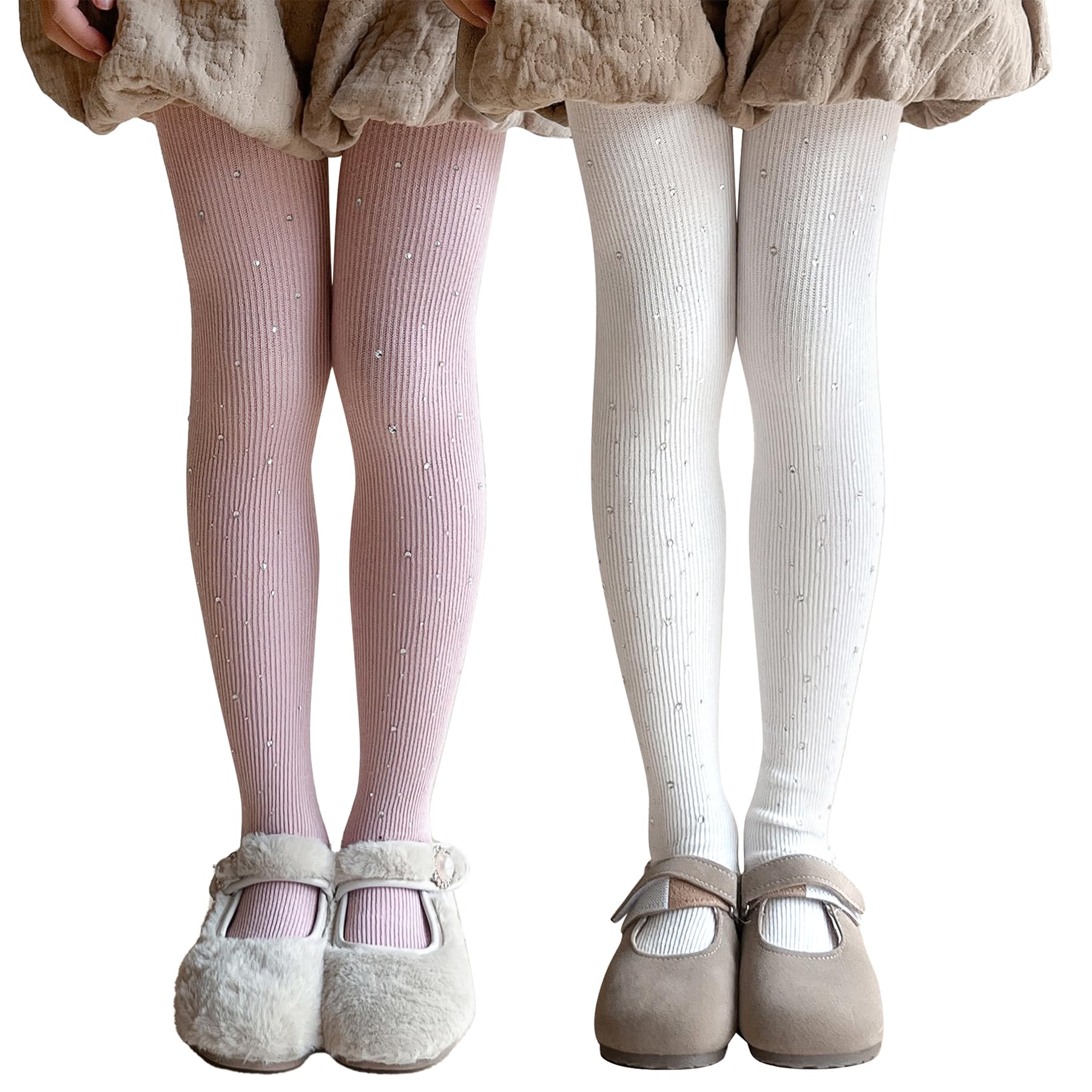 

LOLANTA Girls Knit Tights with Sparkling Diamonds, Thick and Warm, Set of 2, White and Pink, Ages 6-8