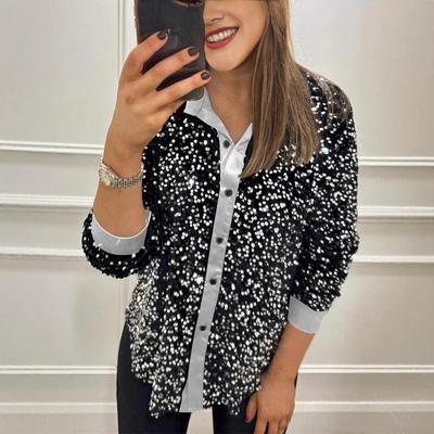Camisa Feminina Brilhante Moda Outono/Inverno 2024 - Manga Longa, Caimento Solto, Estilo Casual