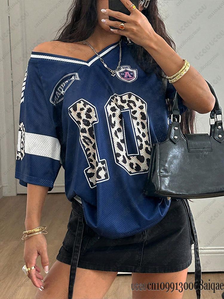 2026 Sommer Sexy Leopardenmuster 01 T-Shirt Für Damen V-Ausschnitt Kurzarm Sport Fußballtrikot Y2K Locker Übertrieben Große Oberteile